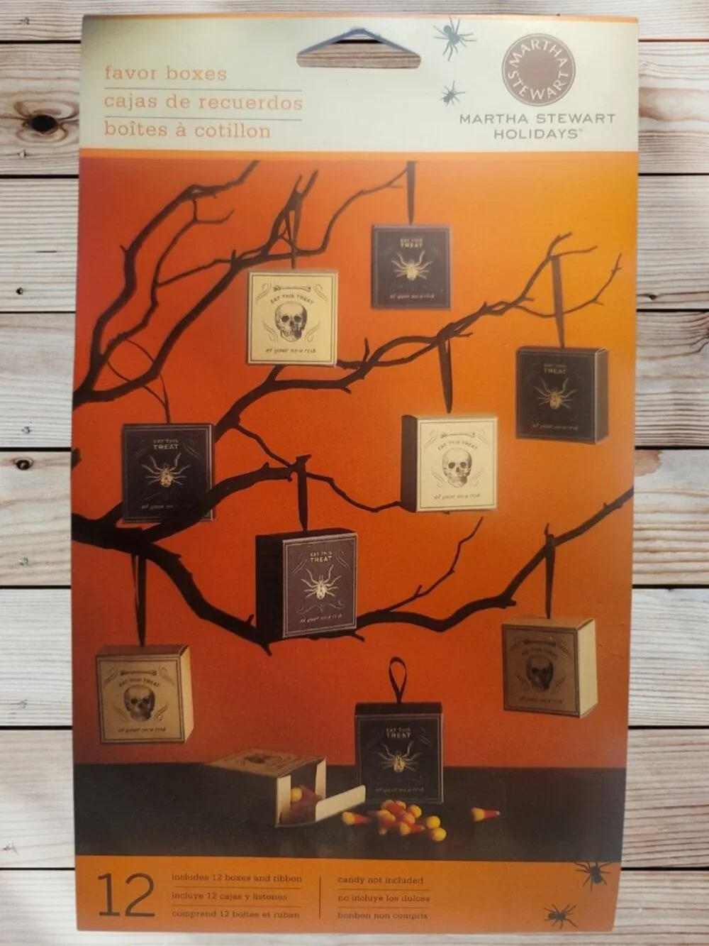 MARTHA STEWART - Set of 12 Halloween Skull & Spider Favor Treat Boxes & Ribbon